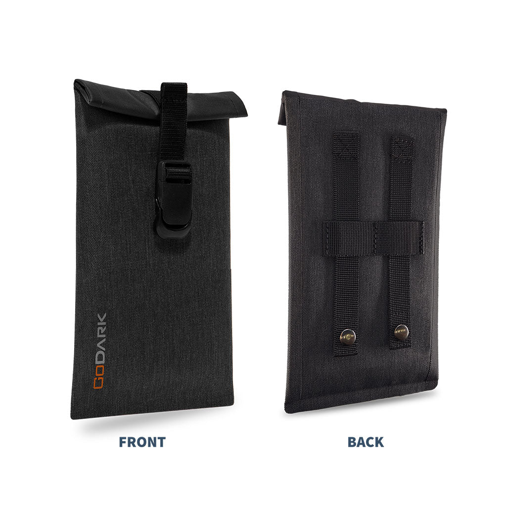 Front and Back of MAS Phone Bag with MOLLE straps and buckle