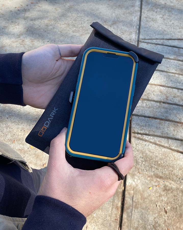 iPhone 13 Pro Max with Otterbox, can fit in the MAS phone bag
