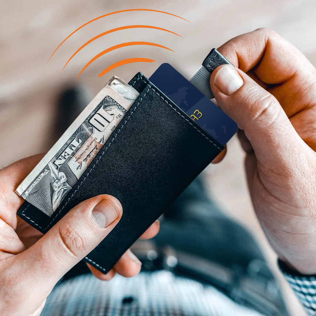 Wallet with credit card coming out and orange signals 