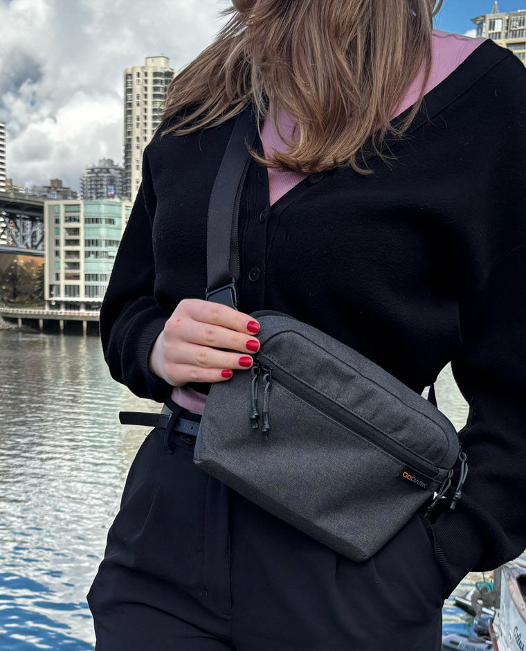 Person holding a GoDark crossbody bag with a cityscape in the background