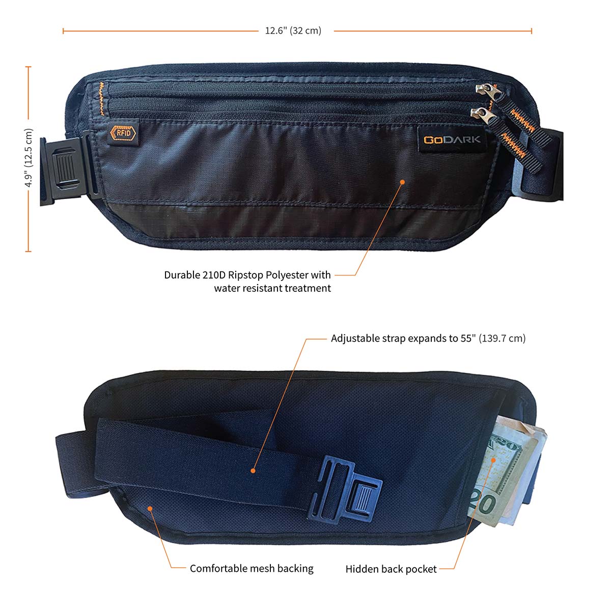 GoDark Waist Belt Meausurements - 4.9&quot;x12.6&quot; - waist band expands to 55&quot;