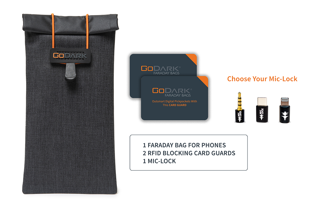 GoDark Faraday bag with card guards and mic-locks on a white background