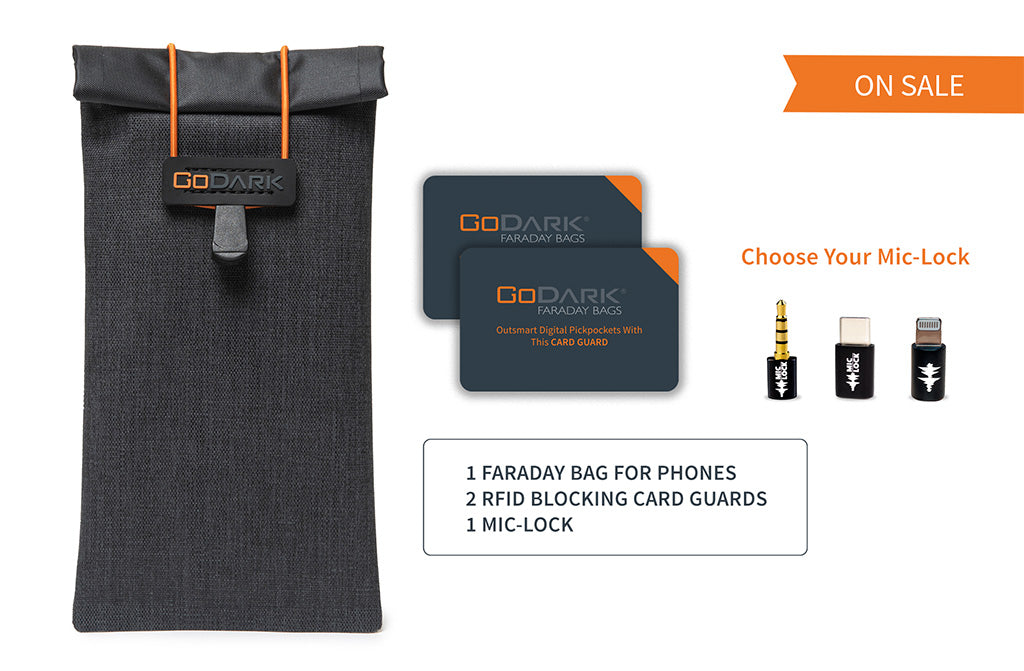 GoDark Faraday bag and RFID blocking card guards with Mic-Locks - on Sale