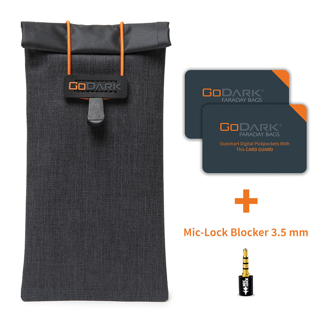 GoDark Faraday bag with GoDark Card Guard and Mic-Lock Blocker 3.5mm