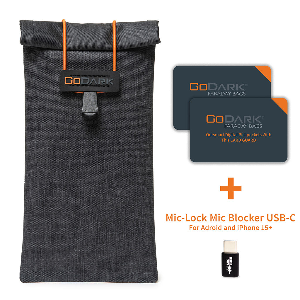 GoDark Faraday bag with Mic-Lock Mic Blocker USB-C and GoDark Card Guard
